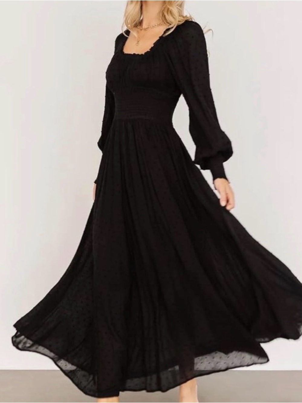 Smocked Waist Black Maxi Dress with Puff Sleeves - Women's